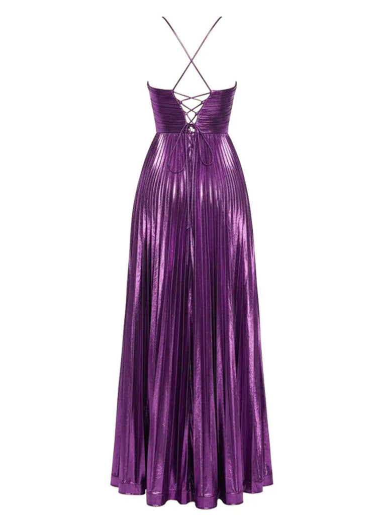 Robe plissée dorée à dos nu et col croisé années 1930