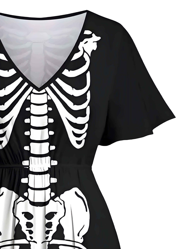 [Prévente] Robe longue fendue noire imprimé squelette d'Halloween des années 1950