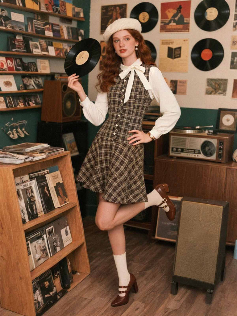 [Prévente] Robe trapèze marron à carreaux avec nœud années 1960