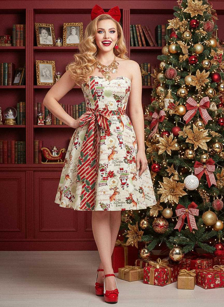 [Prévente] Robe bustier à nœud papillon et canne de Noël années 50
