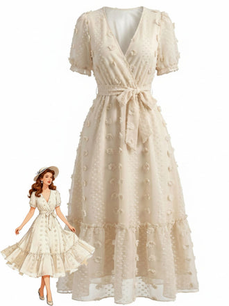 Robe Florale à Pois Col V Ceinturée Cache-Cœur Beige Années 1970