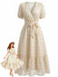 Robe beige pois et motifs floraux relief décolleté cache-cœur et ceinture années 70