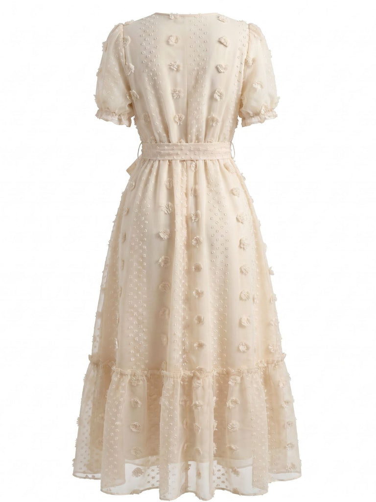 Robe Florale à Pois Col V Ceinturée Cache-Cœur Beige Années 1970 3
