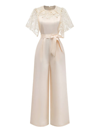 Beige jumpsuit with lace sleeves on a white background