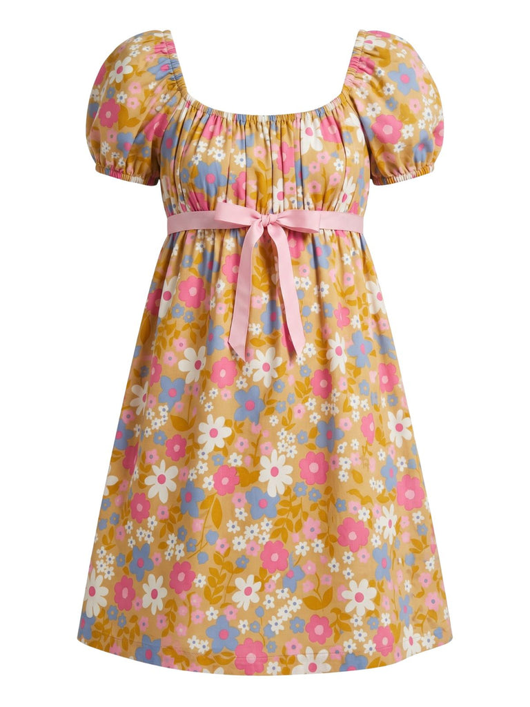 [Prévente] Robe Babydoll à Manches Bouffantes Floral avec Nœud Rose Orangé Années 50