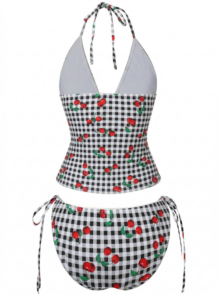 Ensemble tankini dos nu à carreaux vichy rose années 1950