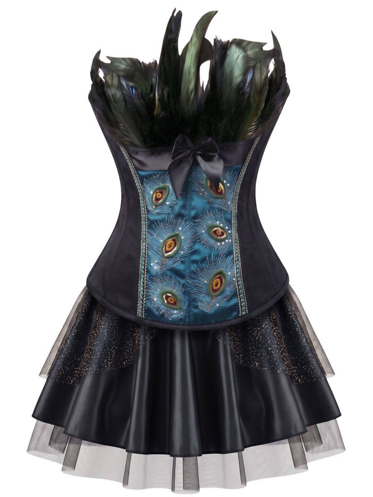 2PCS Corset brodé de motifs de plumes de paon et jupe plissée en tulle