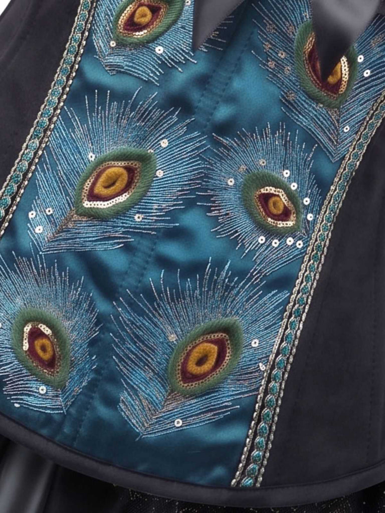 2PCS Corset brodé de motifs de plumes de paon et jupe plissée en tulle