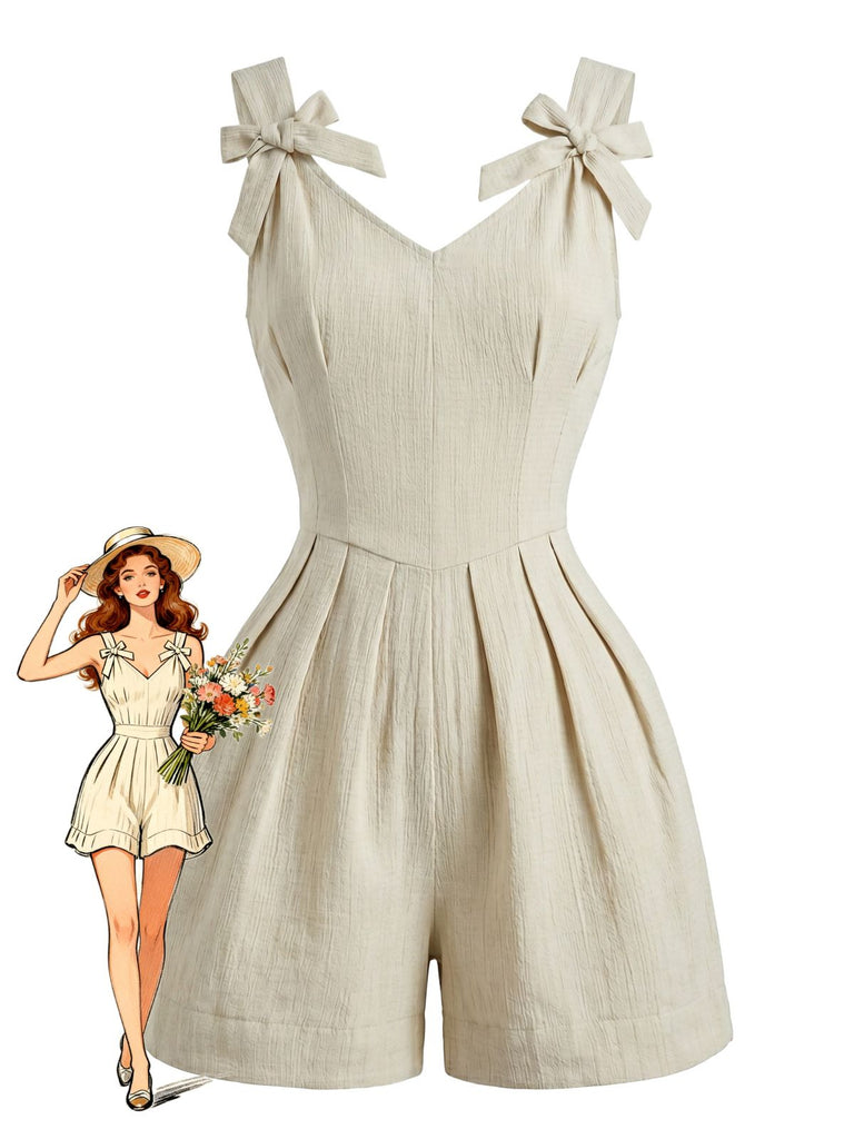 Combishort Larges Bretelles Nœud Plissée Beige Années 1950
