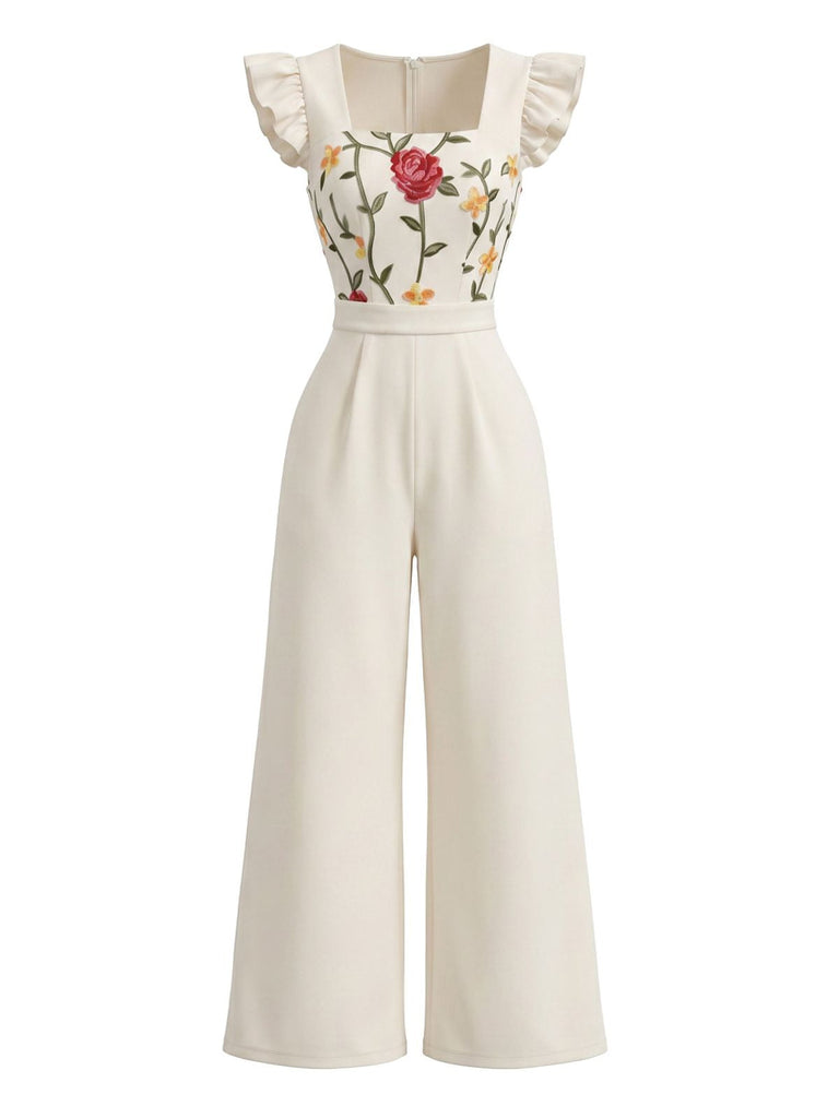 Combinaison Col Carré à Manches Volantées Floral Beige Années 50