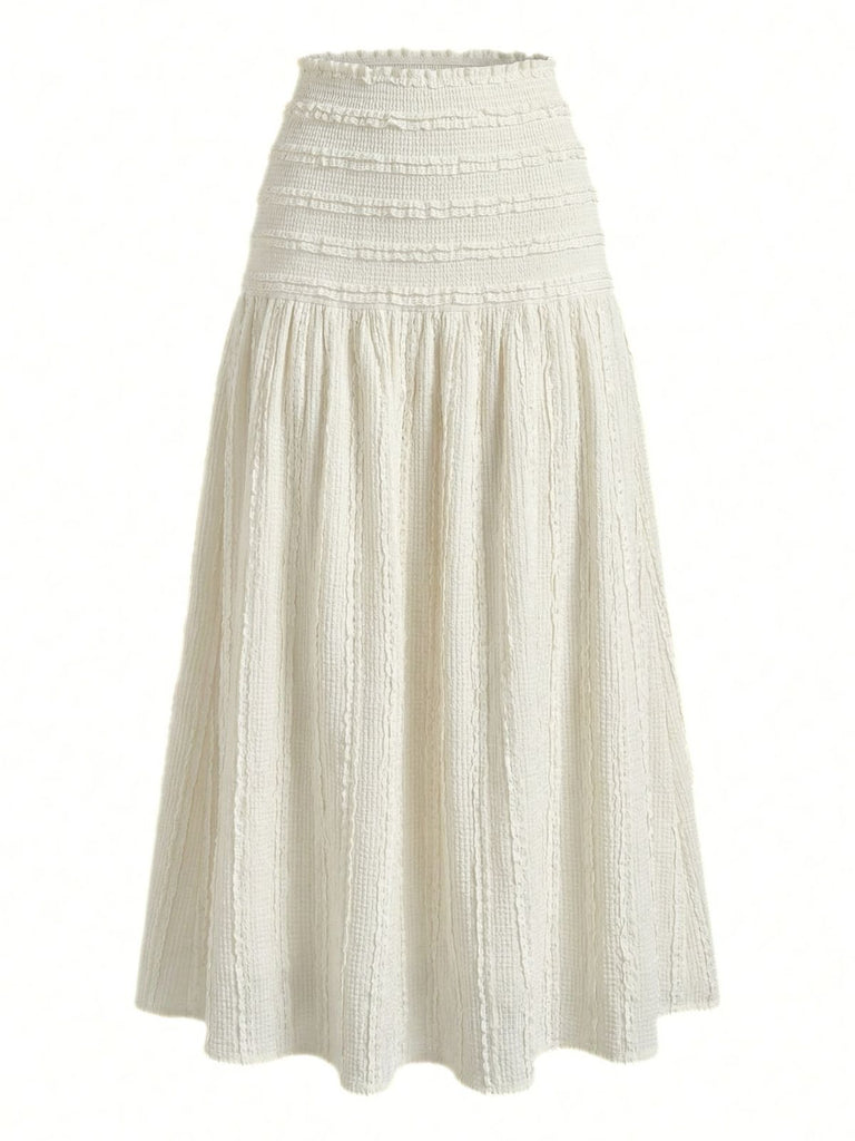 Bohème Texturé Smockéé Maxi Jupe Beige Années 1970
