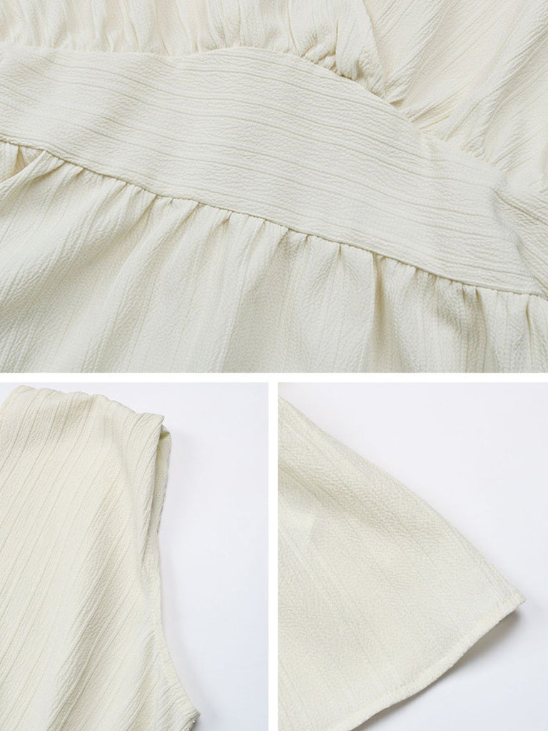 Sans Manches Profond Col en V Péplum Blouse Beige Années 1950 4