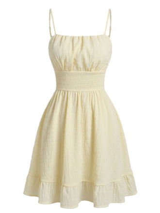 Mini Robe à Bretelles Fines Unie Froncée Texturée Beige Années 1960 2