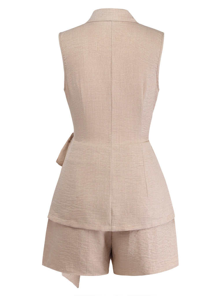 Beige Uni Ensemble Gilet & Short Set Années 1960 3