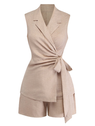 Beige Uni Ensemble Gilet & Short Set Années 1960 2