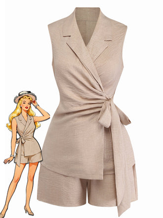 Beige Uni Ensemble Gilet & Short Set Années 1960