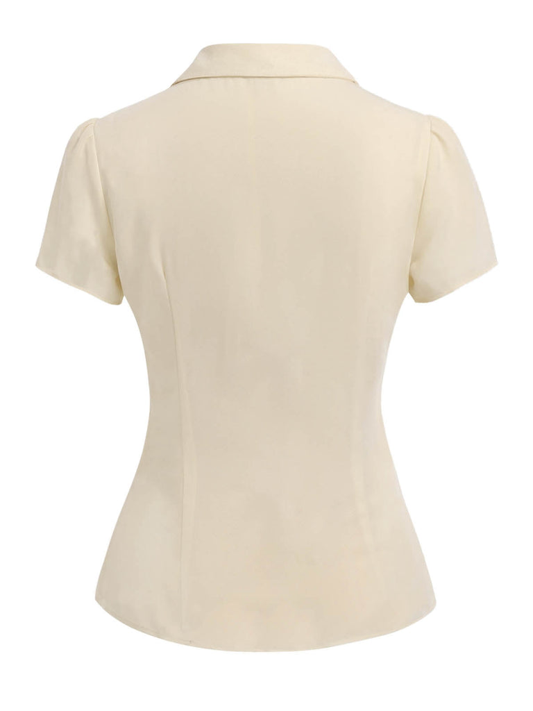 Beige 1960s Victorian Ruffled Front Tie Button Blouse back view