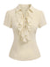 Beige 1960s Victorian Ruffled Front Tie Button Blouse front view