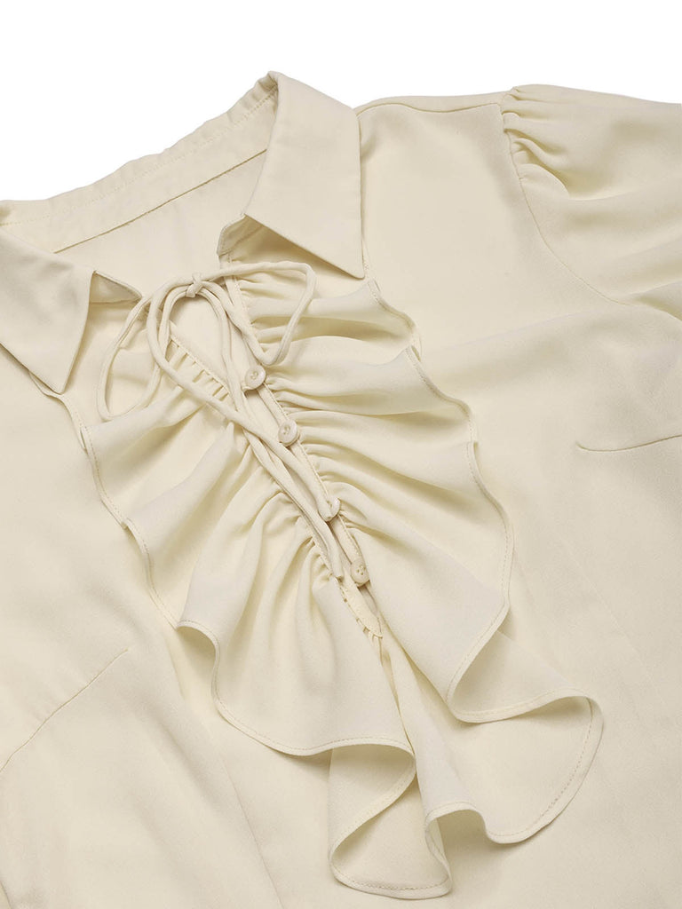 Beige 1960s Victorian Ruffled Front Tie Button Blouse ruffle detail