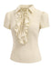 Beige 1960s Victorian Ruffled Front Tie Button Blouse side view