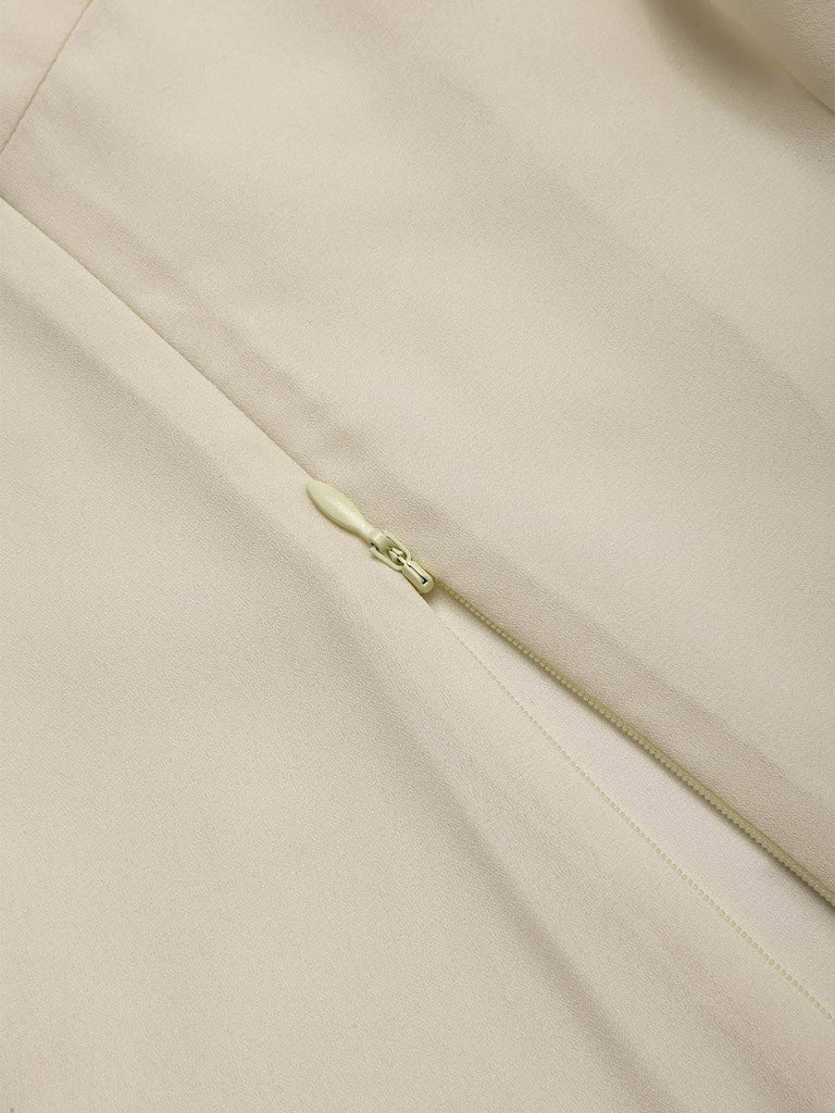 Beige 1960s Victorian Ruffled Front Tie Button Blouse zipper detail