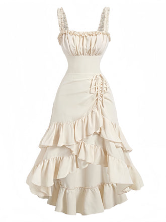Front: Beige 1980s Solid Ruffled Hem Suspender Dress, vintage charm, perfect for vintage fashion lovers