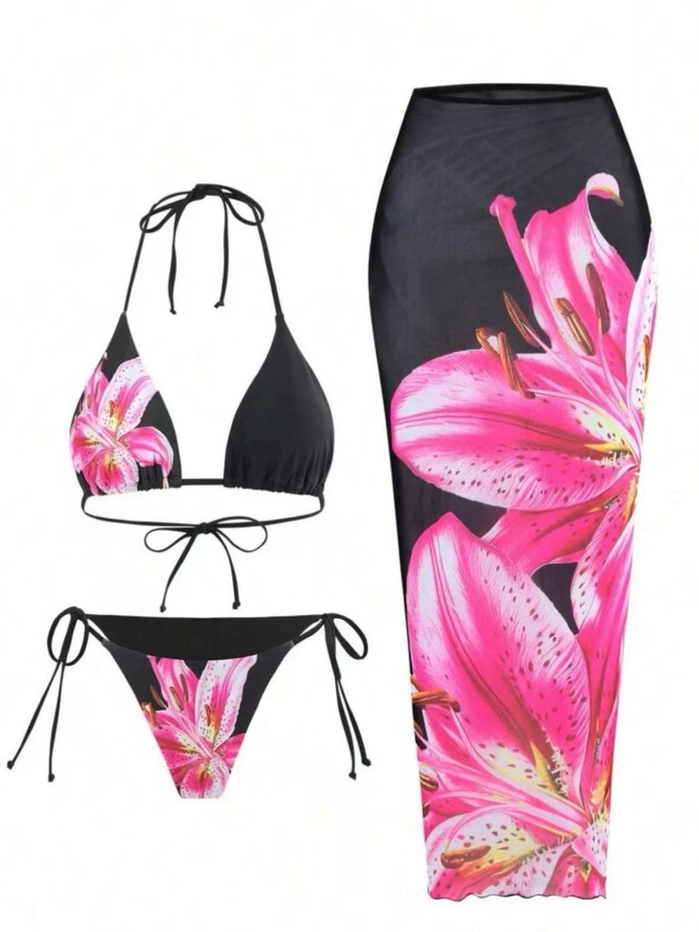 3PCS Filet Lily Imprimé Ensemble Bikini & Cache-Maillot Années 1950