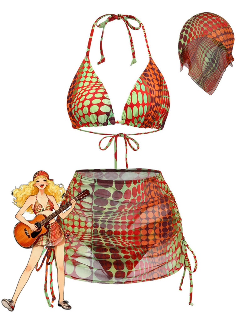 Orange Psychédélique à Pois Filet Ensemble Bikini Années 1960
