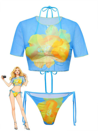 Bikini et crop-top bleu ciel floral années 1960