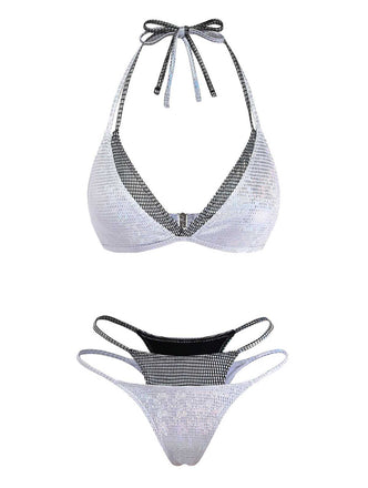 Argent Halter Chatoyant Faux Deux-Pièces Ensemble Bikini Années 1980