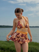 Bikini bleu imprimé floral volanté années 1960