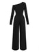 Black one-shoulder jumpsuit with button details on a white background