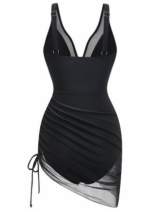 Maillot de Bain Floral Filet Col V Profond Noir Années 1940 2