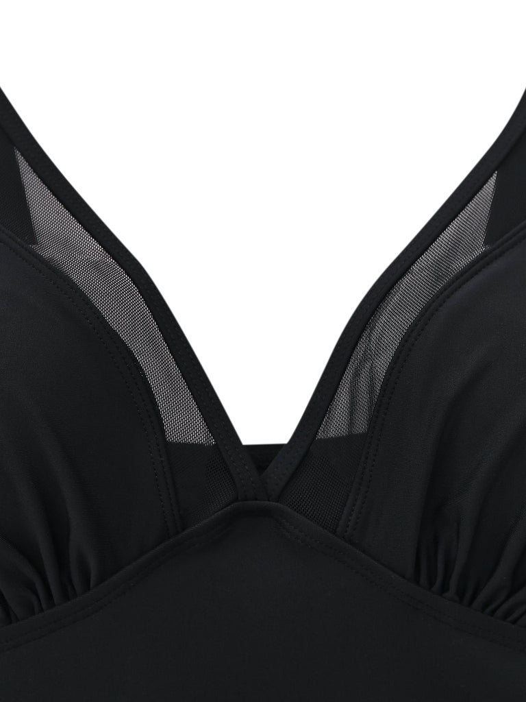 Maillot de Bain Floral Filet Col V Profond Noir Années 1940 3