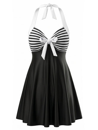 Rayée Dos-Nu Nœud Tankini Ensemble Noire Années 1940 2