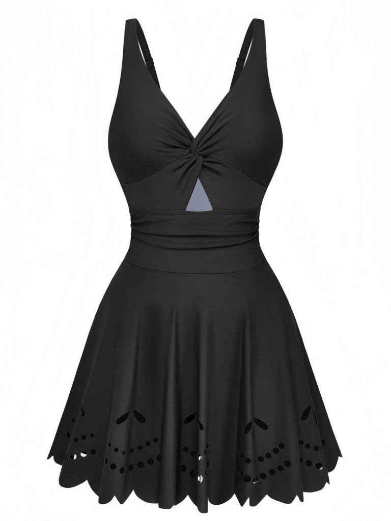 Uni Torsadé Devant Ajouré Maillot de Bain à Jupe Une Pièce Années 1930 2