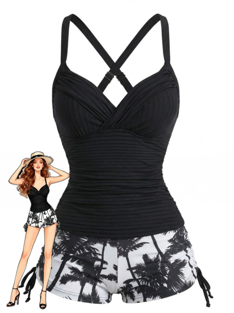 Ensemble Tankini Froncé à Cordons Imprimé Palmiers Noir Années 1950