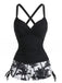 Ensemble Tankini Froncé à Cordons Imprimé Palmiers Noir Années 1950 2