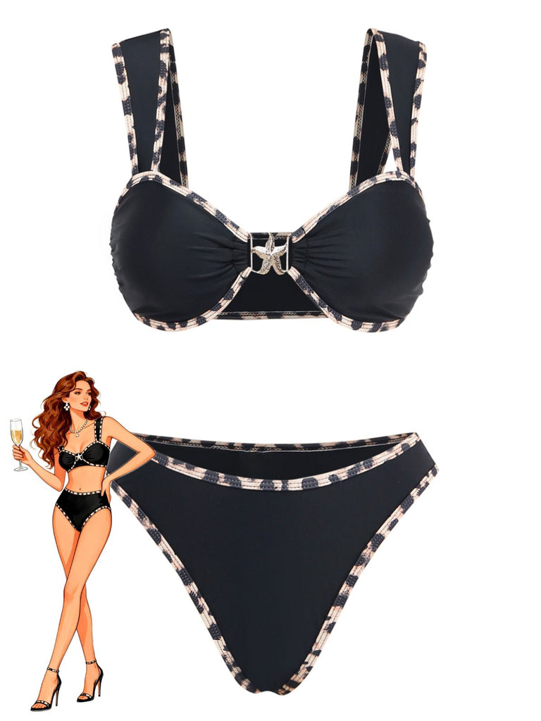 Ensemble Bikini Ornements Métal Étoile de Mer Bordure Léopard Noir Années 1950