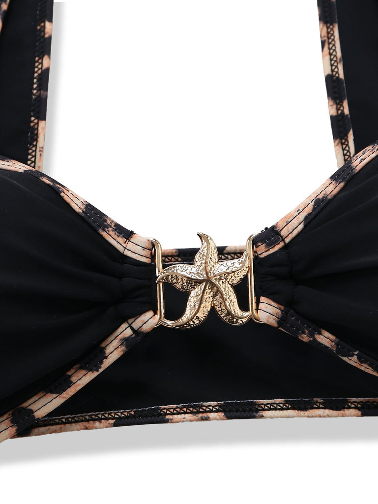 Ensemble Bikini Ornements Métal Étoile de Mer Bordure Léopard Noir Années 1950 4