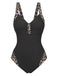 Black 1950s vintage leopard print swimsuit front view featuring retro styling and classic animal pattern ideal for pinup-inspired beach looks