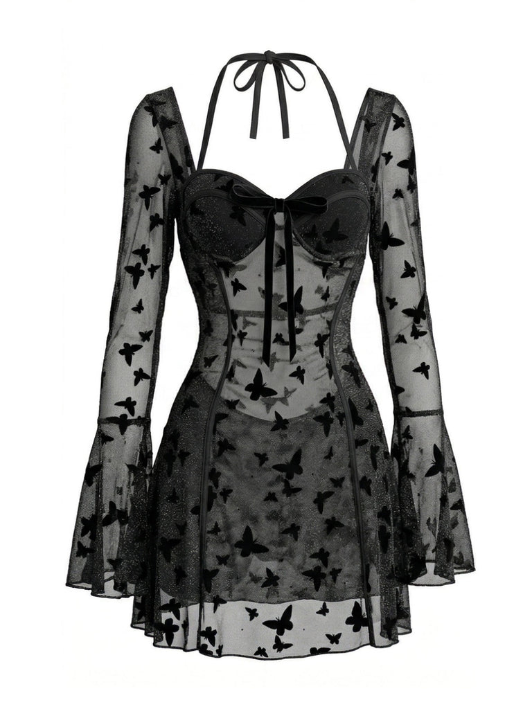 Maillot de Bain Une Pièce en Maille Transparente Imprimé Papillons Noir Années 1950