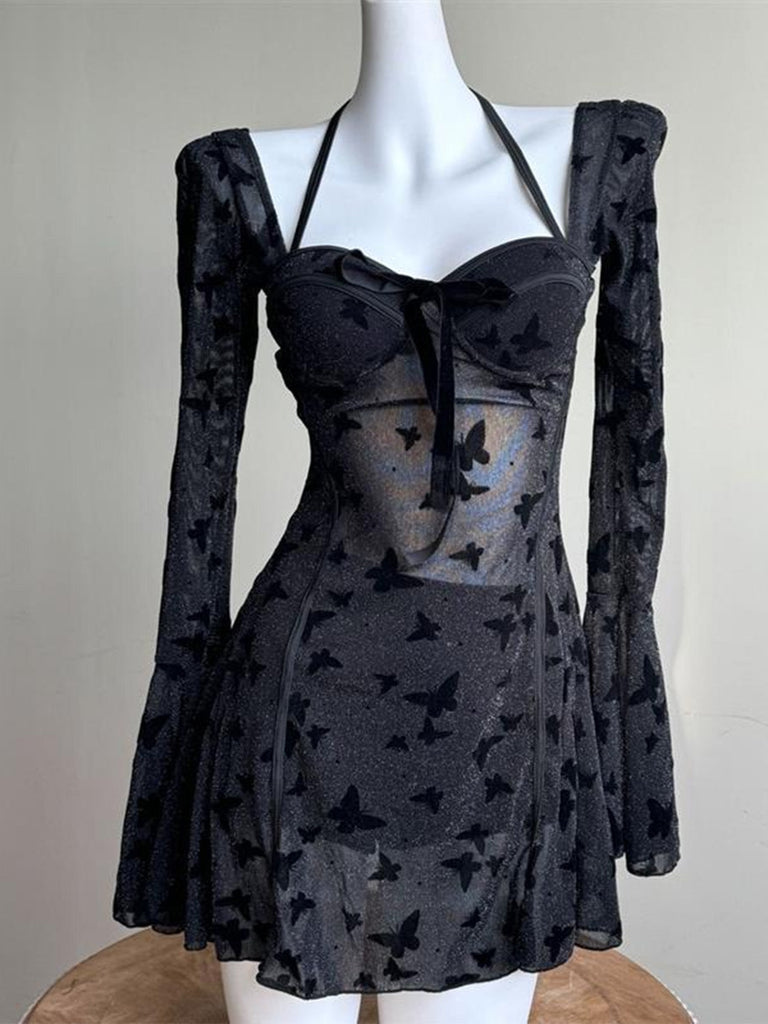 Maillot de Bain Une Pièce en Maille Transparente Imprimé Papillons Noir Années 1950