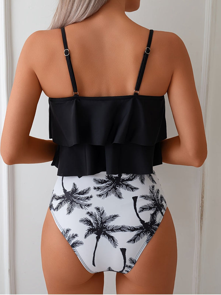 Ensemble tankini noir à volants avec cocotiers années 1950