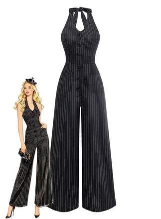 Combinaison Jambes Larges Halter Sans Manches à Rayures Boutonné Noir Années 50