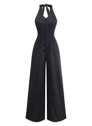 Combinaison Jambes Larges Halter Sans Manches à Rayures Boutonné Noir Années 50