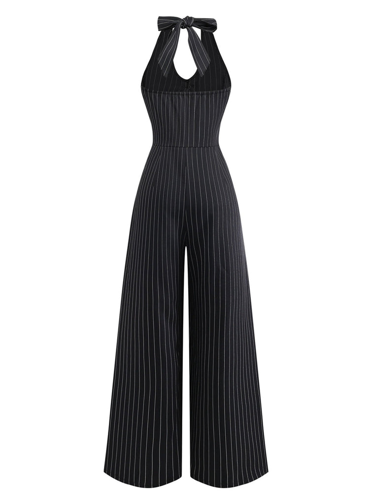 Combinaison Jambes Larges Halter Sans Manches à Rayures Boutonné Noir Années 50