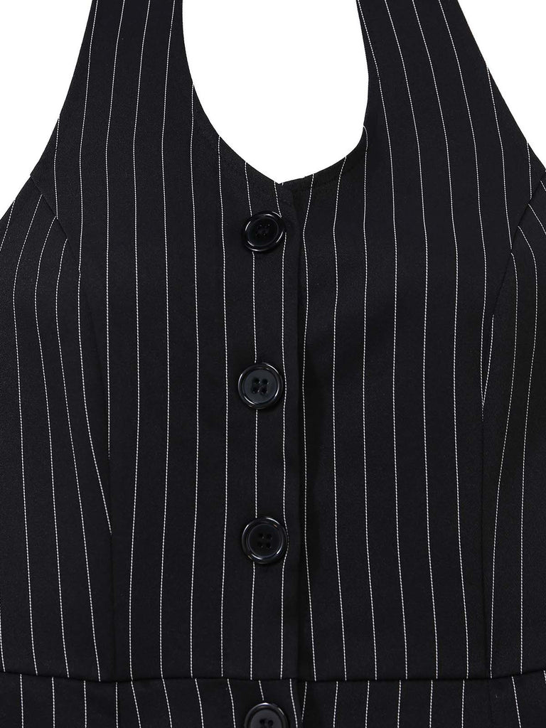 Combinaison Jambes Larges Halter Sans Manches à Rayures Boutonné Noir Années 50