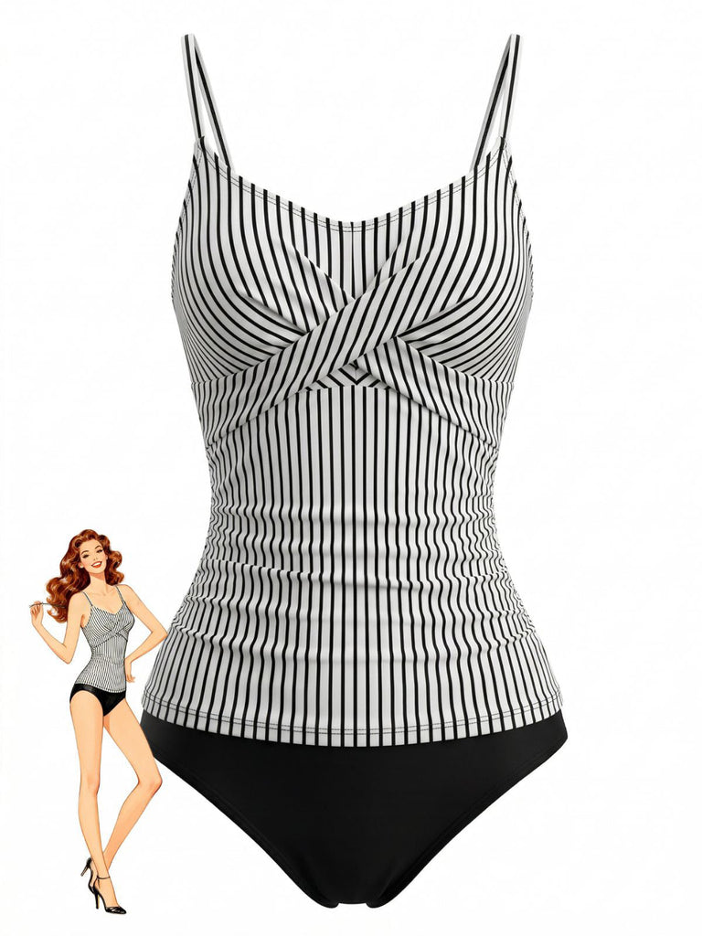 Rayé Bretelles Spaghetti Tankini Ensemble Noire Années 1950