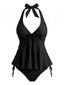 Tankini noire halter en V profond floral texturé années 1950